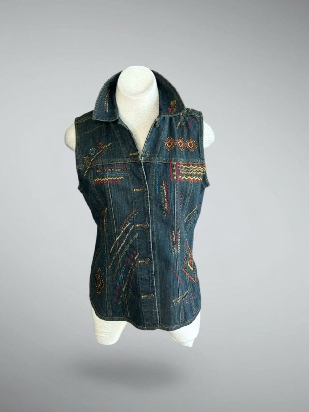 Chico's Y2K Denim Vest Embroidered Southwestern Design Size 1